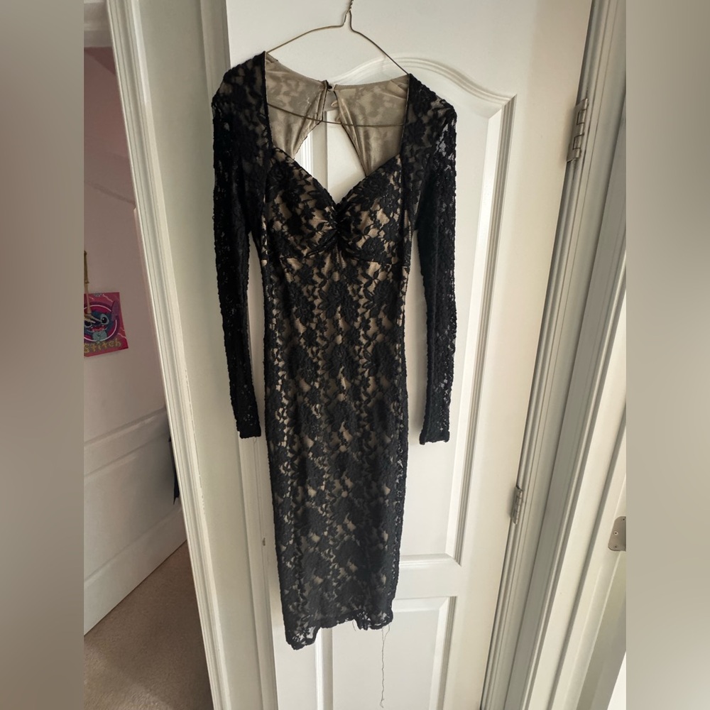 Hot Miami Styles Black Lace and Tan Dress